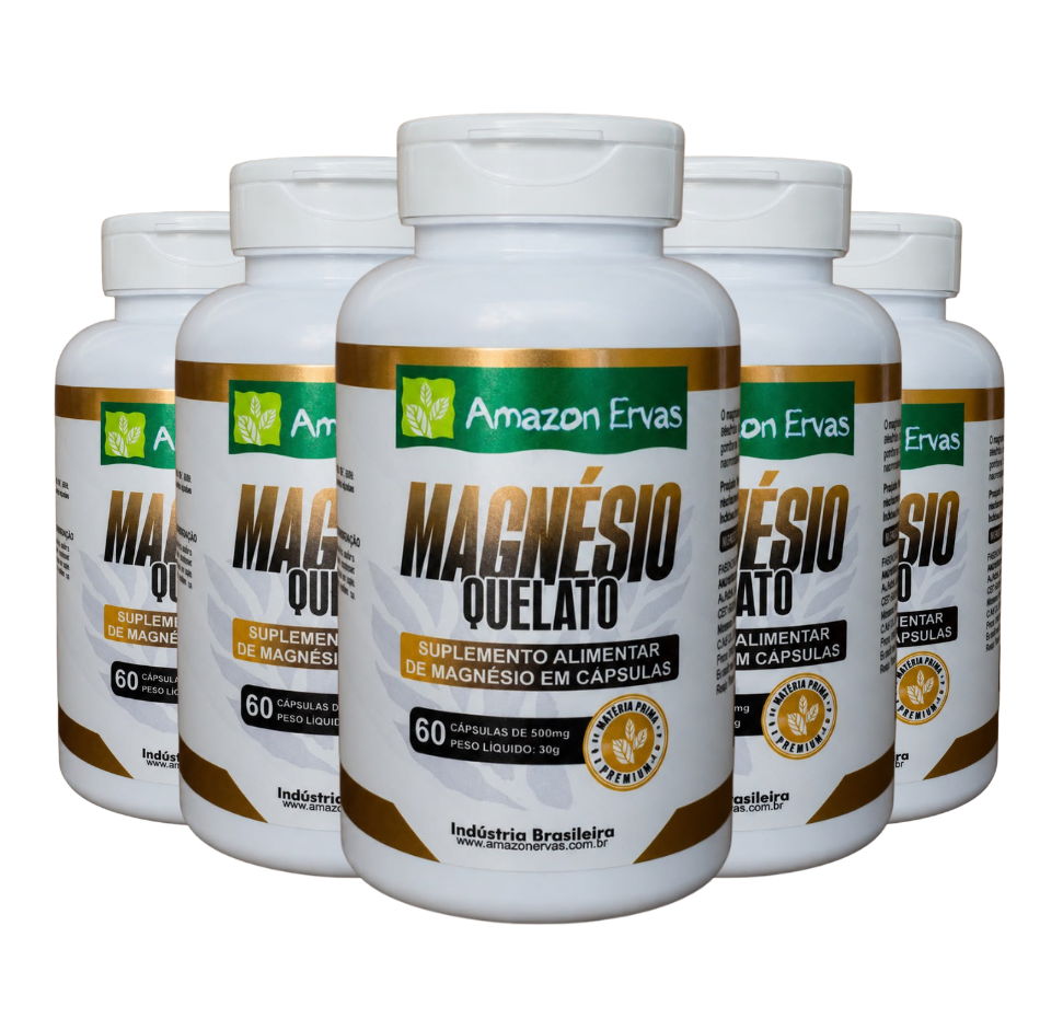 Kit 5 potes de Magnésio Quelato 500mg Amazon Ervas